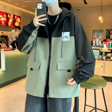 2024新款夹克男春秋季宽松潮牌休闲痞帅青年拼接撞色连帽外套男商品大图