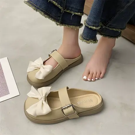 半拖鞋女款外穿2024春季新款蝴蝶结轻便单鞋配裙子百搭休闲包头鞋商品大图