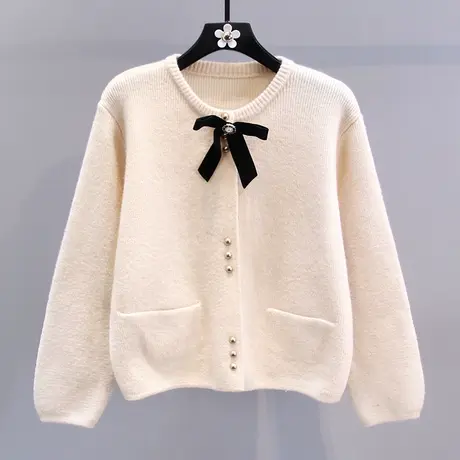 小香风蝴蝶结毛衣外套女春装2024新款宽松温柔软糯减龄针织开衫图片