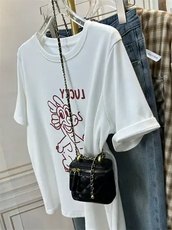 2024龙年新年t恤女正肩显瘦时尚洋气内搭打底磨毛短袖上衣春秋季商品大图