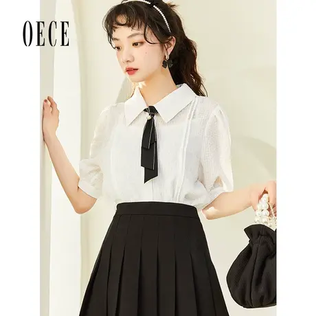 Oece气质白色衬衫夏装新款女装文艺学院春夏季短袖设计感上衣图片