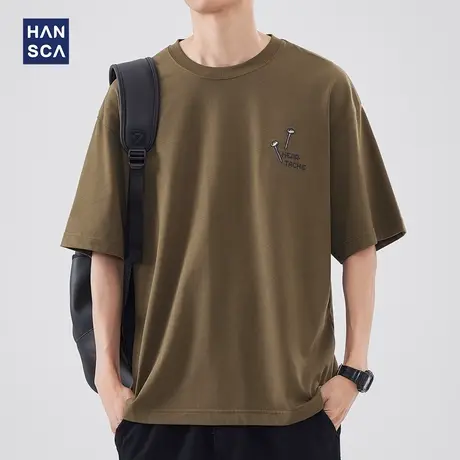 hansca简约日系t恤男短袖夏季2024新款纯棉青少年圆领立体绣上衣商品大图