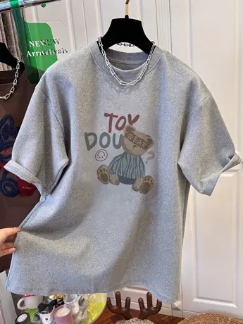 美式高街风夏季情侣T恤oversize大码正肩纯棉短袖ins卡通印花上衣商品大图