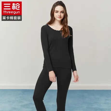 三枪花边圆领弹力棉秋衣秋裤女士秋冬长袖防寒透气保暖内衣套装图片