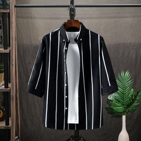 条纹衬衫男夏季薄款短袖半袖衬衣韩版潮流休闲七分袖寸衫长袖上衣图片