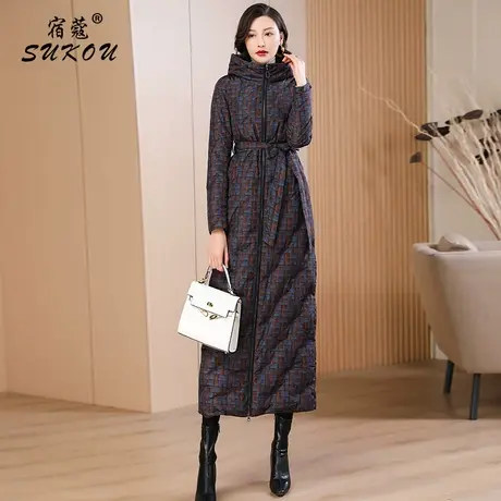 高端时尚格子长款羽绒服女2023冬季新款连帽高级感保暖白鸭绒外套商品大图