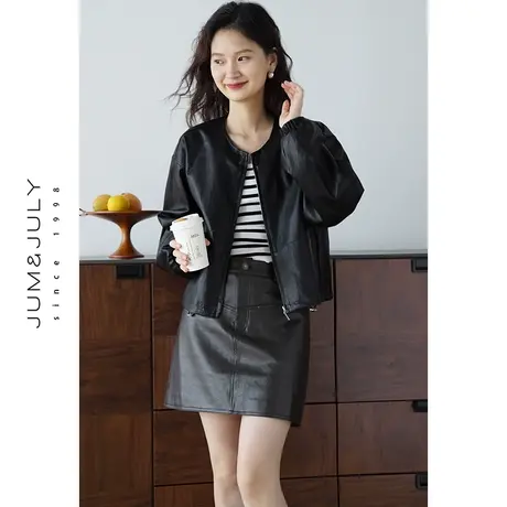 嘉茱莉2023秋季新款圆领皮衣外套女小个子短款宽松皮外套夹克上衣商品大图