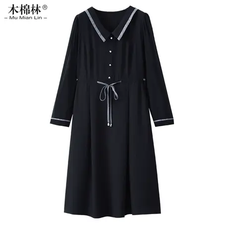 胖MM秋季新款显瘦连衣裙系带衬衫长裙简约条纹翻领2023秋大码女装图片