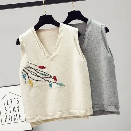 2023秋季新款提花V领针织马甲女背心韩版宽松显瘦无袖毛衣坎肩潮商品大图