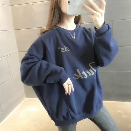 慵懒风字母印花卫衣女圆领套头2023年春秋季新款宽松韩版休闲上衣图片