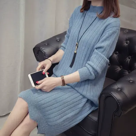 慵懒风宽松毛衣女加厚秋冬装中长款打底衫韩版简约纯色套头毛衣裙图片