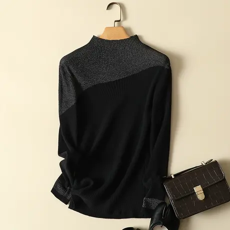 半高领毛衣打底衫女秋冬2022新款黑色亮丝修身长袖内搭上衣针织衫商品大图