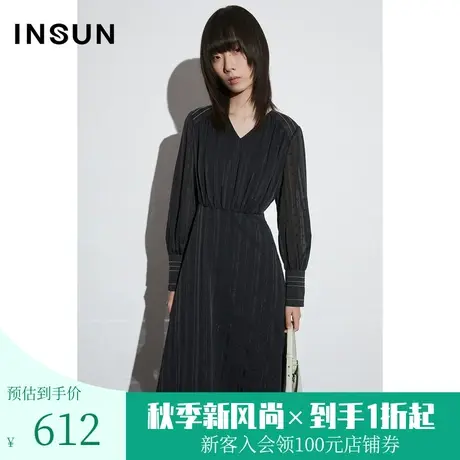 恩裳COVER2023春款新款色织条纹面料银葱点缀收腰散摆黑色连衣裙图片