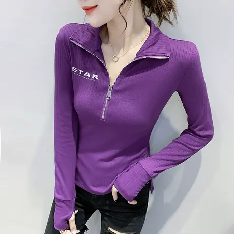 2023春秋新款时尚拉链T恤洋气开叉上衣修身半高领打底衫女长袖潮商品大图