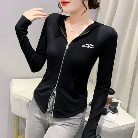 时尚拉链连帽T恤女休闲运动长袖设计感小众上衣韩版春装个性小衫商品大图