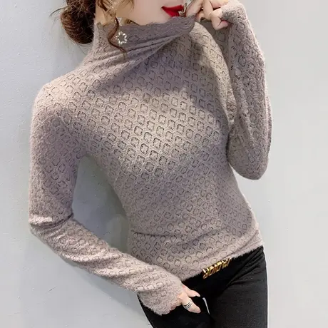 半高领打底衫女春秋百搭洋气镂空植绒蕾丝衫女长袖紧身内搭上衣潮图片