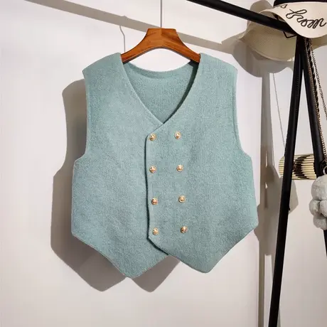 针织马甲女开衫春秋新款韩版宽松v领双排扣无袖坎肩毛衣背心外穿商品大图