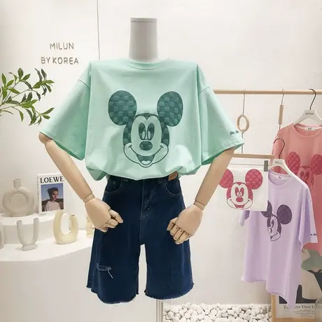 韩国东大门棋盘格卡通短袖上衣2022春夏新款宽松半袖T恤大码包臀商品大图