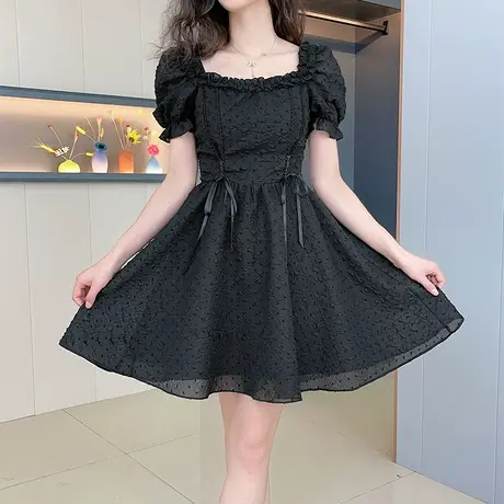 赫本风小黑裙女小个子新款收腰显瘦蕾丝边短裙气质方领礼服连衣裙图片