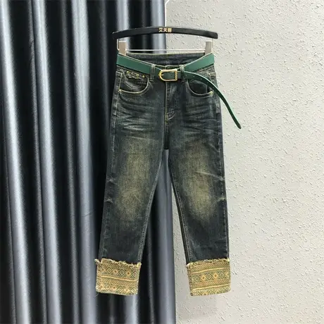 怀旧复古个性拼接牛仔九分裤女23秋季新款做旧高腰显瘦直筒烟管裤商品大图