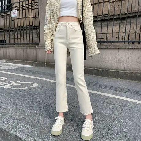 米白色牛仔裤女烟管2023年春新款高腰修身小个子显高韩系直筒裤子图片