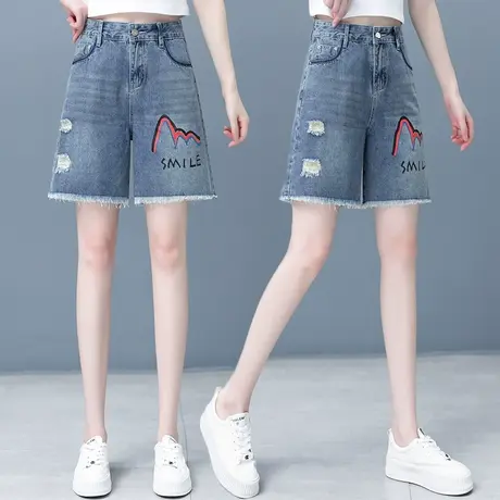 破洞牛仔短裤女夏季2023高腰时尚毛边阔腿裤韩版绣花新潮五分热裤商品大图