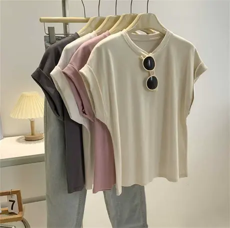 落肩飞飞袖光板纯色短袖T恤女樱花粉圆领宽松夏薄款韩版气质上衣商品大图