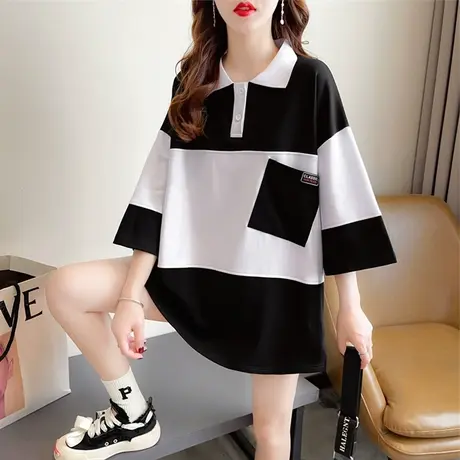 设计感小众短袖t恤女夏季韩版宽松大码女装中长款拼色半袖上衣服图片
