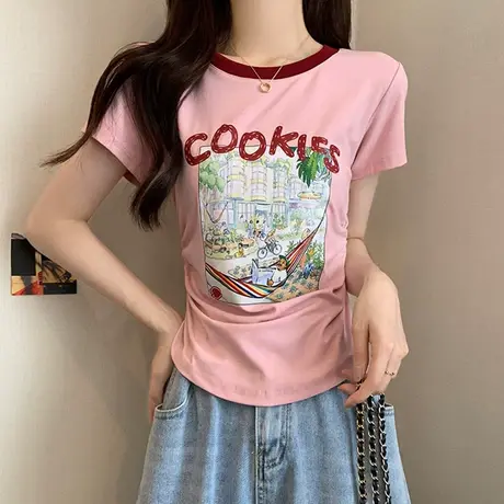 又甜又辣正肩短袖t恤女夏季新款设计感小众修身短款粉色上衣小衫商品大图