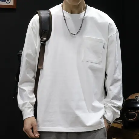秋季圆领白色长袖t恤男ins潮牌纯棉宽松大码2023新款男士上衣春秋商品大图