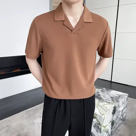网红古巴领T恤男ins夏天素色短袖polo衫华夫格冰丝凉感半袖小T潮商品大图