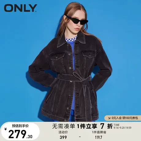 ONLY奥莱宽松中长高腰腰带系扣长袖牛仔外套女商品大图