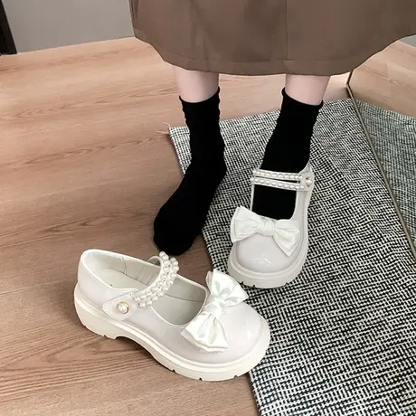 复古英伦风小皮鞋女jk2023春夏新款珍珠仙女一字带厚底玛丽珍单鞋商品大图