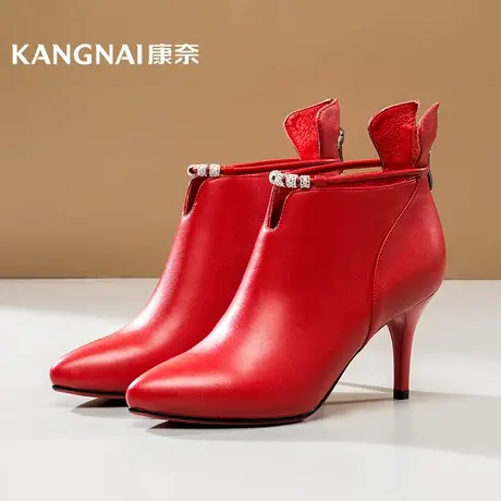 清仓康奈官方女鞋欧美时尚细跟高跟靴子红色宴会皮靴职场短筒踝靴商品大图