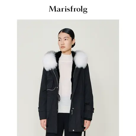 【经典搭配】玛丝菲尔秋季黑色连帽毛领时尚百搭棉服派克服女图片