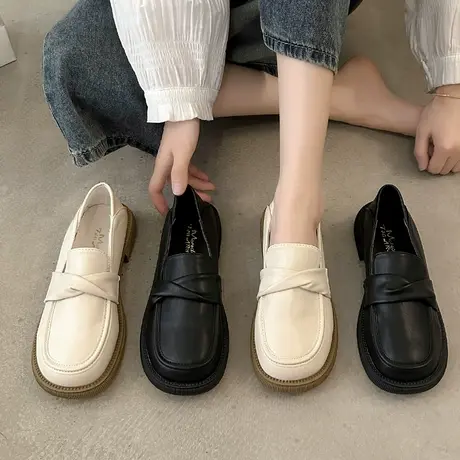 小皮鞋女小众设计感2023春秋单鞋软皮舒适平底上班族一脚蹬乐福鞋图片