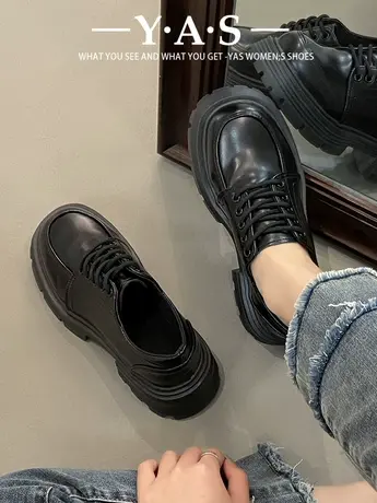 英伦风厚底小皮鞋女2024新款春秋季百搭黑色系带jk单鞋松糕乐福鞋商品大图