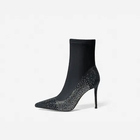 Nine West/玖熙2022秋冬新款弹力瘦瘦靴女短筒烫钻尖头高跟时装靴图片
