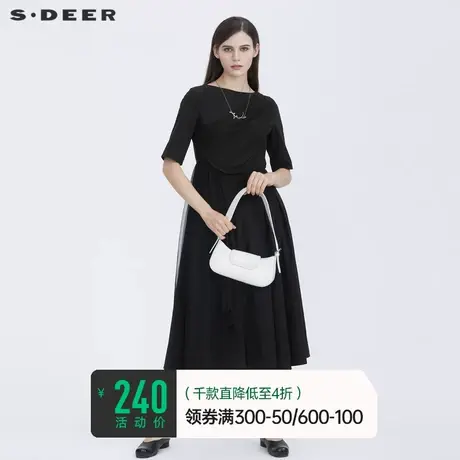 sdeer圣迪奥夏季休闲圆领设计感网纱拼接黑色连衣裙女S21281259图片