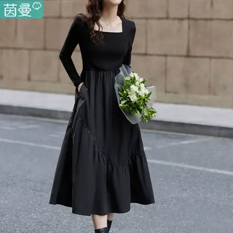 茵曼官方旗舰店黑色连衣裙女春秋冬季2023新款长袖裙子长裙高级感图片