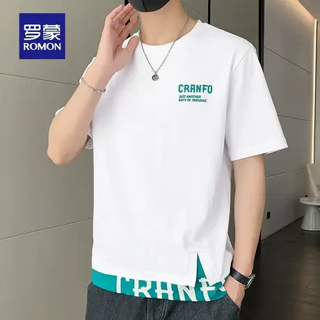 罗蒙男士冰丝短袖T恤夏季薄款潮牌假两件圆领男装衣服纯棉半袖体t图片