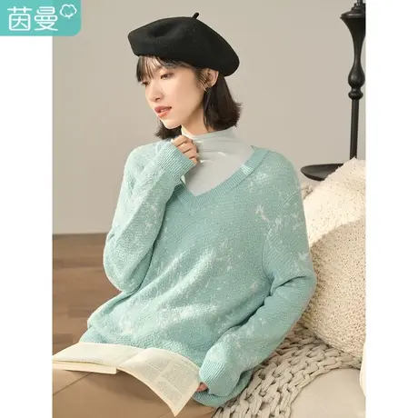 【商场同款】茵曼2023冬女装新款高领V领假两件套头宽松长袖毛衣商品大图