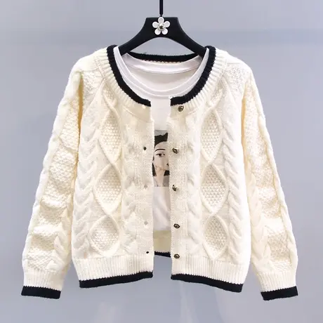 小香风撞色麻花毛衣外套女秋冬2023新款日系穿搭宽松减龄针织开衫图片