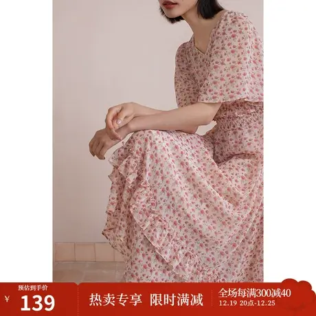 茵曼早秋新款女V领法式复古初恋小碎花粉色艺术感别致连衣裙图片