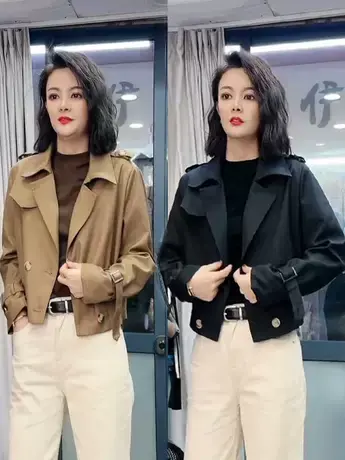 2023秋季新款复古英伦风气质简约短款风衣百搭高级感双排扣外套女商品大图