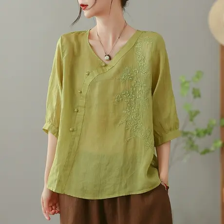 dza 复古绣花苎麻衬衫女2023夏薄款斜襟套头衬衣休闲宽松棉麻上衣图片