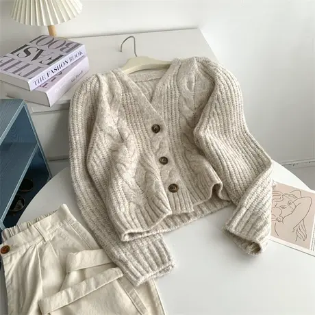 粗毛线纽扣V领毛衣开衫女温柔米杏色宽松休闲懒人上衣外套韩版 秋商品大图