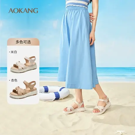 奥康 女鞋2025夏季凉鞋真皮一字带便捷魔术贴舒适平底鞋百搭凉拖图片