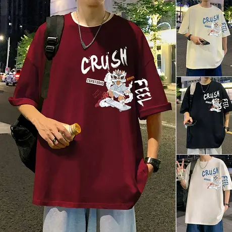 酒红色短袖T恤男夏季2025新款重磅纯棉半袖宽松潮牌情侣港风体恤商品大图