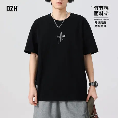 青少年纯棉刺绣运动短袖T恤男款夏薄款2025新款黑色半袖宽松上衣商品大图